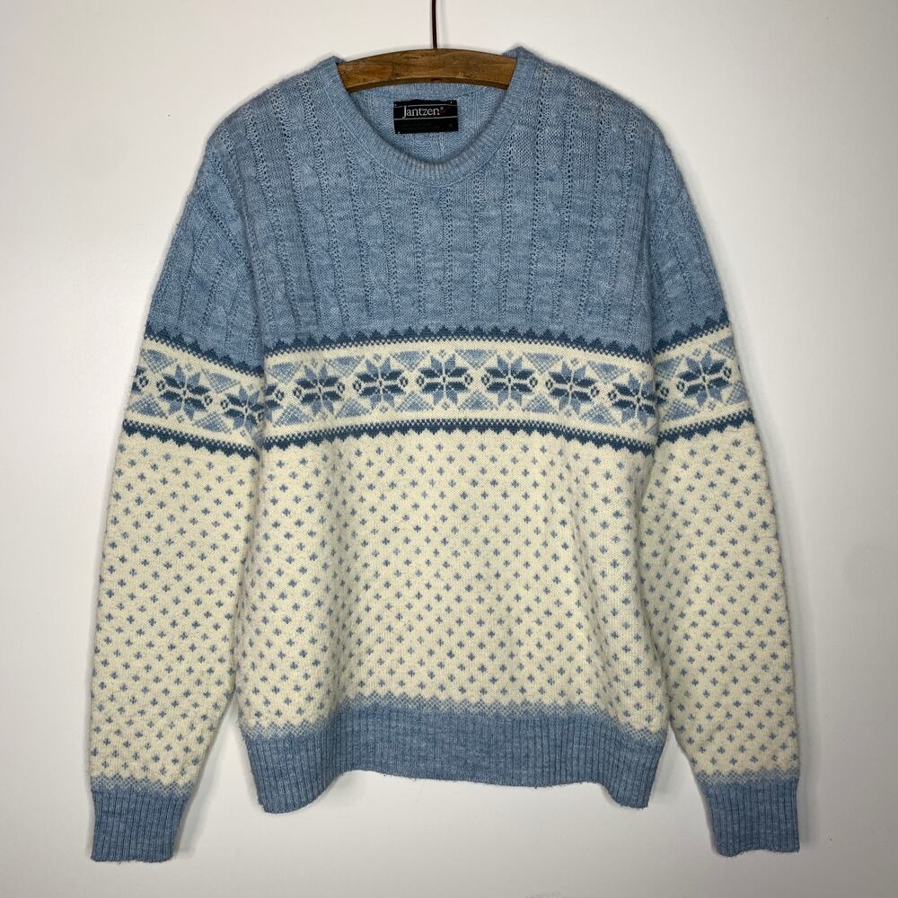 Vintage 90's Fair Isle Sweater Crewneck Jantzen Womens XL 100% Wool Ice Blue